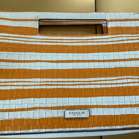 Coach Bleecker Embossed Woven Leather Pocket Clutch Bright Mandarin White NWOT - Picture 2 of 16